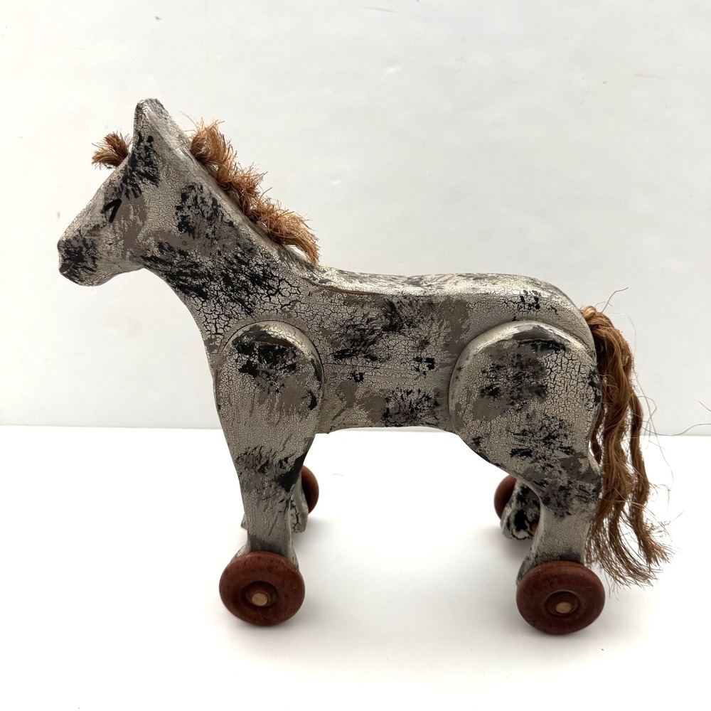Vintage Primitive Wood Rolling Horse Wheel Pull Toy Folk Art Decor Painted Rope